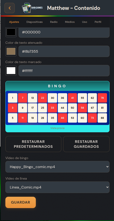Venue admin settings panel